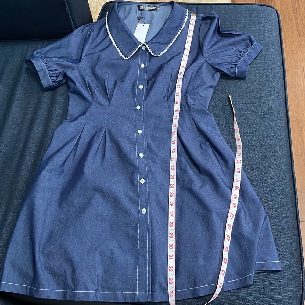 ALLEGRA K DENIM PUFF SLEEVE BUTTON FRONT FLARE A-LINE MINI DRESS - Picture 12 of 14